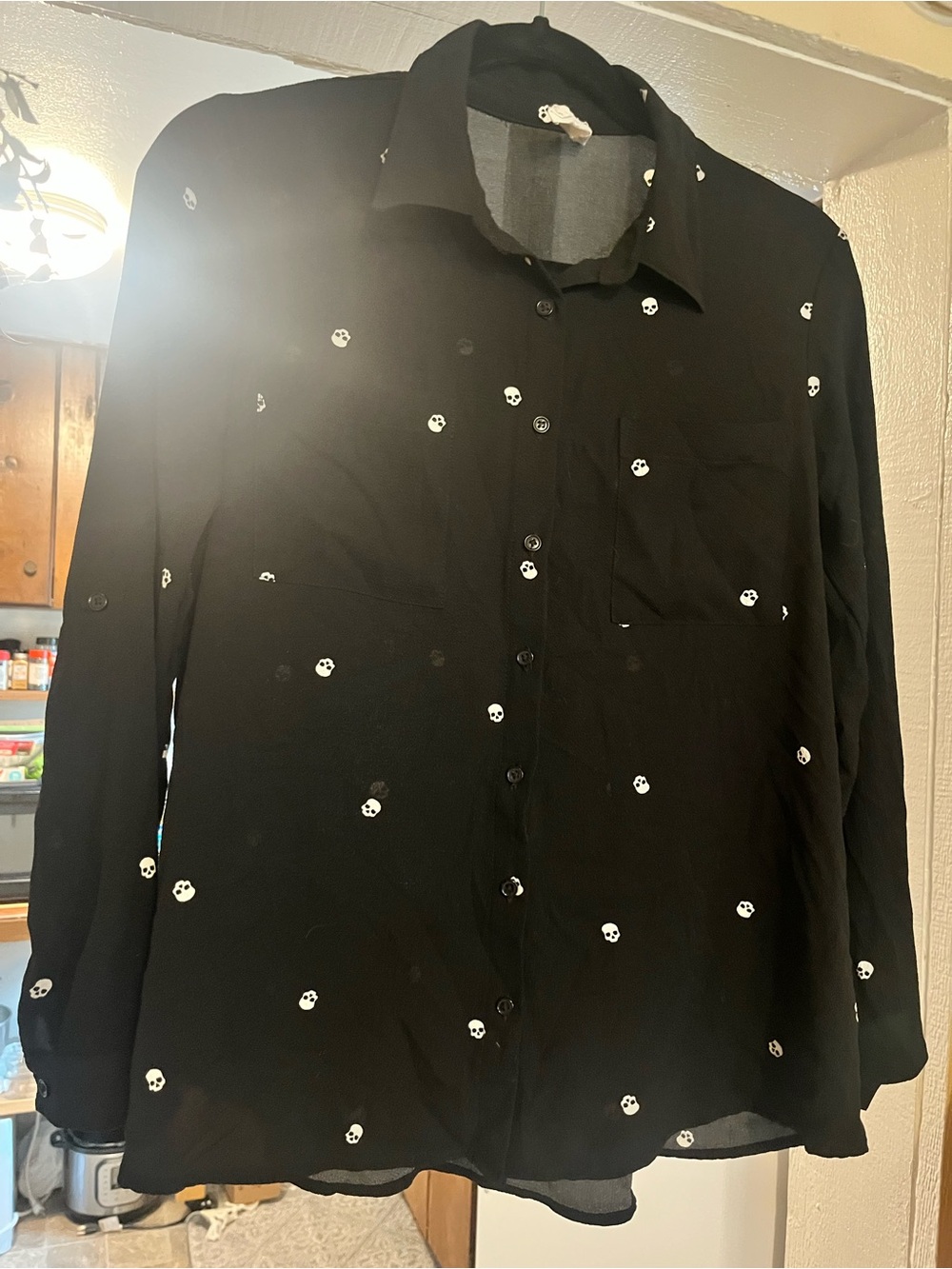 Women’s Black Button-Up Shirt with White Skull Print